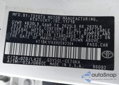 2017 Toyota Camry Xle V6 z USA, uszkodzony, nr VIN 4T1BK1FKXHU582304